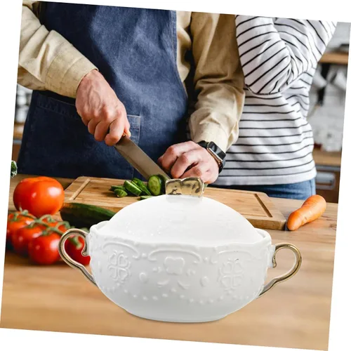 Miniatura 4 de DOITOOL Taza de sopa de cerámica de doble asa con tapa y cuchara, cuenco de porcelana resistente al calor de 6.10 pulgadas para cocinar al vapor