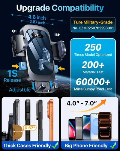 Miniatura 8 de YRU [True Upgrade for Safety Car Phone Holder Mount [Patent & Military-Grade] Dashboard Cell Phone Holder for Car Vent Windshield Phone Stand for