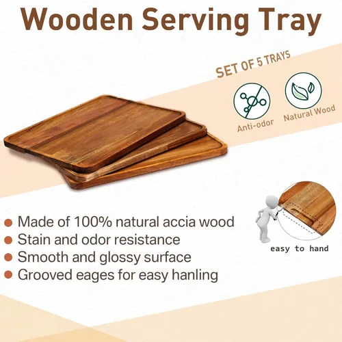 Miniatura 4 de Roowest Paquete de 5 bandejas de madera de acacia maciza para grabado láser, tablero rectangular de madera para aperitivos de alimentos, platos