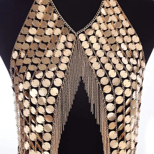 Miniatura 6 de DOTASI - Blusa halter de cadena con espalda descubierta para mujer con cadena de lentejuelas