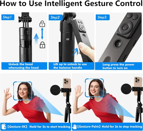 Miniatura 4 de Trípode para selfie stick de seguimiento automático con luz de llenado, rotación de 360 grados y control de gestos, trípode para selfie stick
