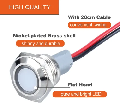 Miniatura 3 de 2 piezas de luz indicadora de metal de 16 mm, 110-220 V CA, 20 mA, impermeable IP67, lámpara piloto LED de cabeza plana con orificio de montaje