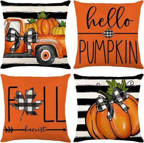Miniatura 9 de Fundas de almohada de otoño con diseño de calabaza y hojas de arce naranja para el hogar, 18 x 18 pulgadas, decoración de agradecimientos bendecidos