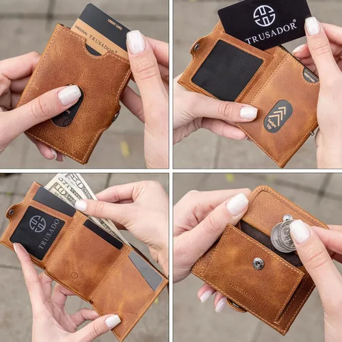 Miniatura 4 de TRUSADOR Valencia Cartera de piel unisex pequeña compacta bolsillo frontal RFID con bolsillo monedero, Coñac, Con bolsillo para monedas