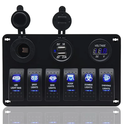Miniatura 11 de KAOLALI Panel de interruptor basculante de 8 bandas, 12 V, 24 V, impermeable, con doble USB, encendedor de cigarrillos, voltímetro, LED azul