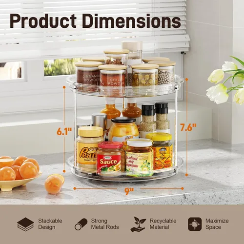 Miniatura 3 de Organizador Lazy Susan de 2 niveles, tocadiscos Lazy Susan de 9 pulgadas para gabinete, organizador apilable giratorio para especias para encimera
