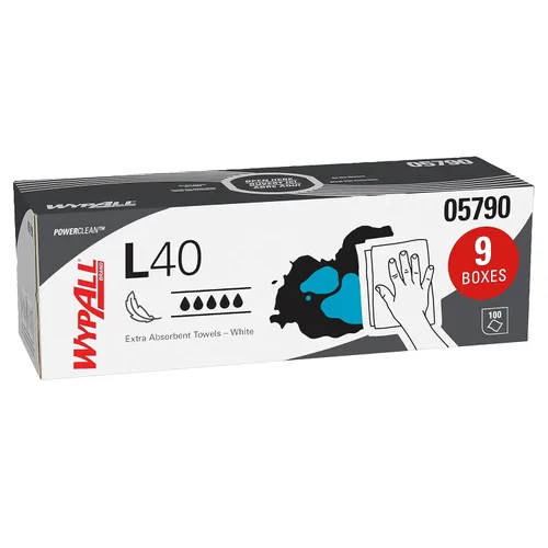 WypAll PowerClean L40 Paños Toallitas Extra Absorbentes (05790), Caja Pop-Up, Toallitas de Papel a Granel, Blanco (9 Paquetes de 100 Hojas, 900