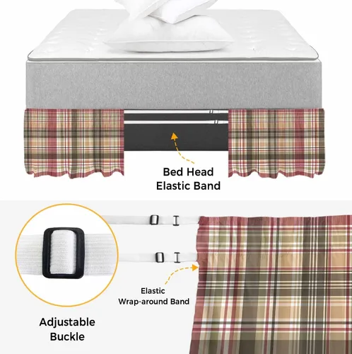 Miniatura 4 de Falda de cama vintage a cuadros, tamaño King de 18 pulgadas de caída, ajustable y elástica, plisada, con volantes de polvo de lujo para cama