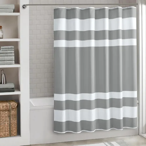 Miniatura 53 de Madison Park Cortina de ducha de tejido waffle con diseño a rayas en piezas, cortina de ducha de tela para baño con gestión de humedad 3M Rayas Taupe