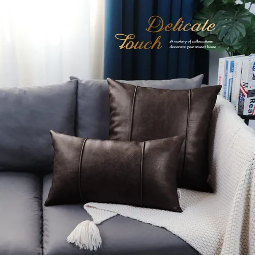 Miniatura 7 de BRAWARM Fundas de Almohada Decorativa de Cuero Café de 22 x 22 Pulgadas - Funda de Almohada de Piel Sintética con Ribetes, Almohada Decorativa