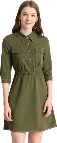 Miniatura 3 de Allegra K Vestido de manga 34 con cuello y cintura elástica para mujer, M