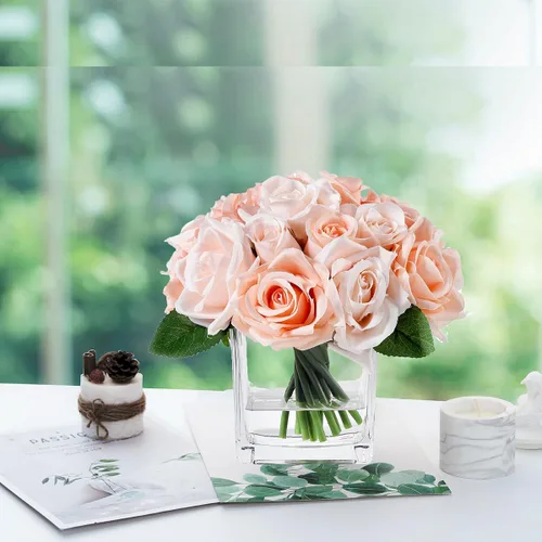 Miniatura 7 de 18 cabezas de rosas de seda en jarrón, arreglo floral artificial en jarrón con agua falsa para decoración del hogar (rosa)