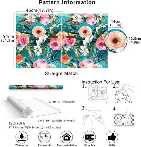 Miniatura 6 de HAOKHOME Papel tapiz floral para despegar y pegar, verde azulado/rosa, extraíble, texturizado, para decoración de dormitorio, guardería, 17.7