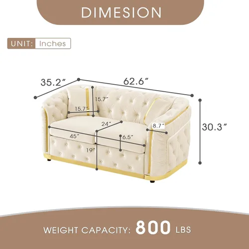 Miniatura 2 de Sofá Chesterfield de 62.6 pulgadas, moderno de mediados de siglo, sofá de terciopelo blanco beige y dorado, sofás de lujo para sala de estar