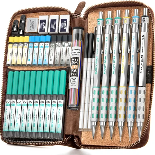 Miniatura 10 de Nicpro - Juego de 36 lápices mecánicos Blocky Gear con estuche, lápices metálicos de 0.01 pulgadas, 0.02 pulgadas, 0.03 pulgadas, 0.035 pulgadas