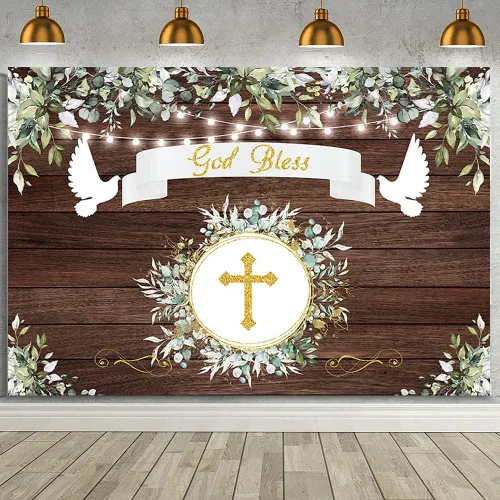 AIBIIN Fondo rústico de 7 x 5 pies con diseño rústico de Dios bendiga bautizo para la primera comunión, fondo de fotos para fiesta de primera