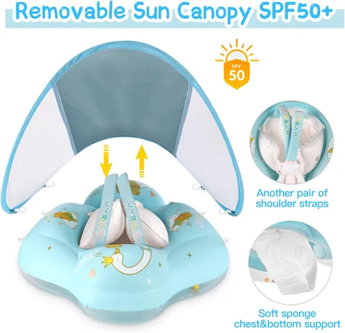 Miniatura 5 de WYRIAZA Flotador para bebé con toldo, flotador de natación para piscina para bebés, flotadores para niños pequeños con protección solar UPF50+, Azul