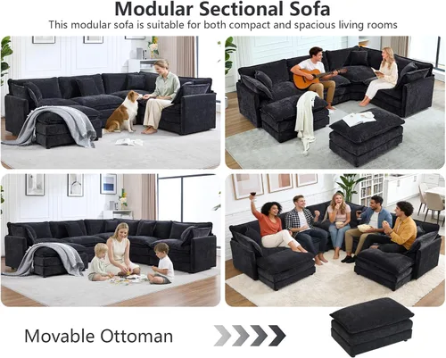 Miniatura 3 de Sofá modular Cloud seccional, moderno sofá modular en forma de L de felpilla con otomana y almohadas, sofás esquineros de asiento profundo de 5 Negro