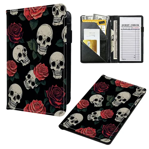 Miniatura 25 de Libros para camarera, cartera de cuero con bolsillo con cremallera, 7 bolsillos de almacenamiento para recetas y cheques, soporte para bolígrafos
