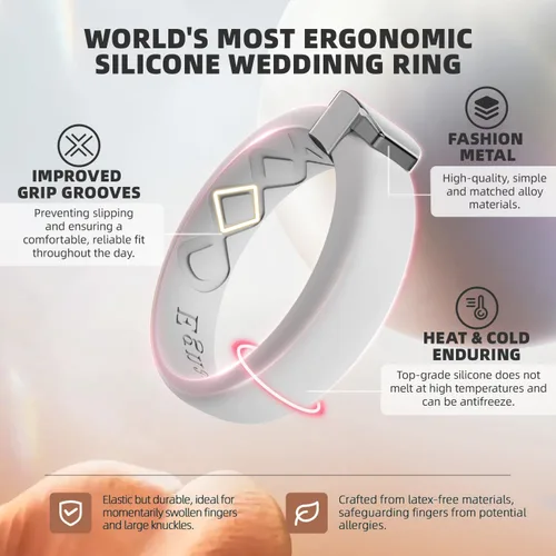 Miniatura 53 de Egnaro - Anillo de boda de silicona para mujer, diseño ergonómico y transpirable, ancho de 0.15 pulgadas, bandas de silicona flexibles con placa