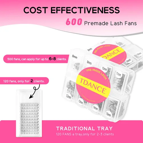 Miniatura 3 de TDANCE 600 Abanicos Abanicos Prefabricados Extensiones de Pestañas Naturales y Volumen Longitud Mixta Abanicos de Pestañas Prefabricadas 5D-24D