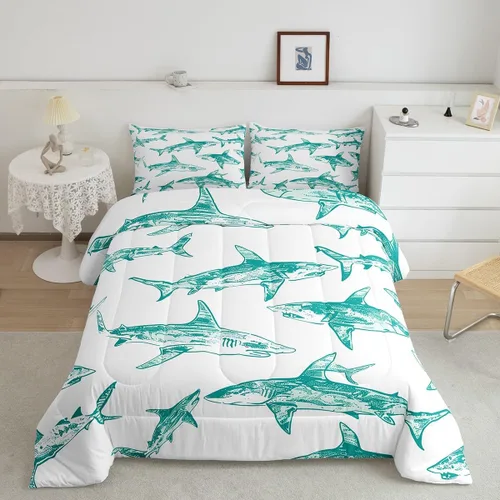 Erosebridal Juego de edredón de tiburón, tamaño individual, juego de ropa de cama de vida oceánica para niños y niñas, color verde azulado,