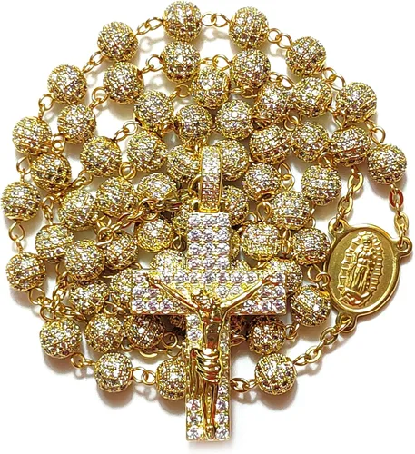 Rosario de lujo de alta calidad, chapaleta de acero inoxidable con circonita, cruz católica, regalos católicos, Acero inoxidable, Circonita.