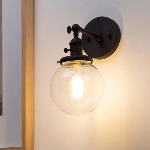 Miniatura 5 de PERMO Iluminación de candelabro de pared industrial vintage con sombra de globo de vidrio transparente redondo de 5,9" soplado a mano (Negro)