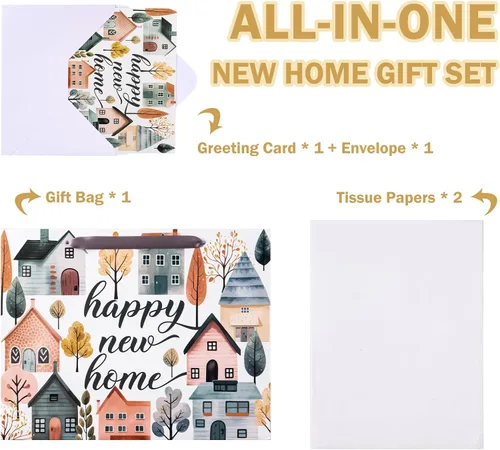 Miniatura 3 de WRAPAHOLIC Bolsa de regalo de 13 pulgadas con tarjeta y papel de seda, bolsas de papel de diseño Greeny House para inauguración de la casa, regalo