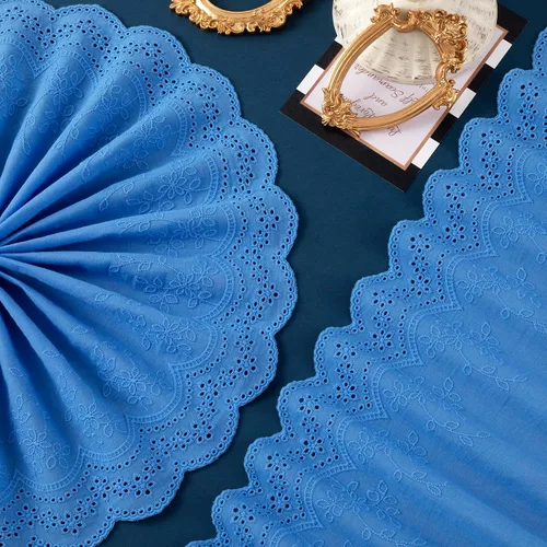 Miniatura 7 de PAGOW 5 yardas de ribete de encaje de ojales de algodón, ribete de encaje festoneado de bordado floral de algodón azul para coser vestidos, ropa