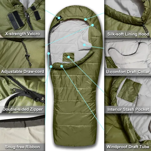 Miniatura 6 de Saco de dormir de mamá de 0 grados para adultos para campamento XXL grande y alto 3-4 estaciones cálido fresco Saco de dormir de invierno