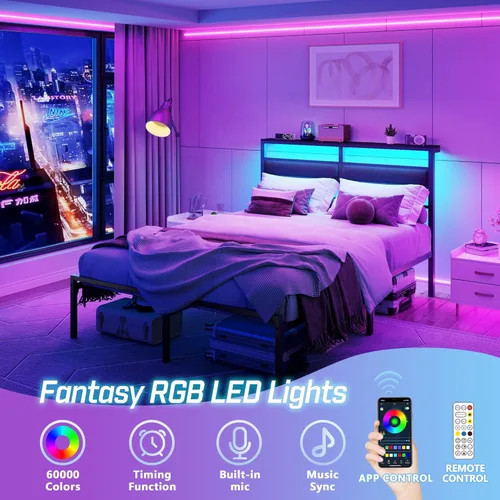 Miniatura 3 de OURPIC Estructura de cama de tamaño completo con cabecero, estructura de cama tamaño completo con luz LED y estación de carga, base de cama de Negro
