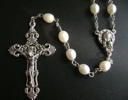 Miniatura 6 de elegantmedical Hecho a mano AAA 8-9MM perla natural perlas rosas rosario crucifijo Jesús cruz católica collar caja, Metal