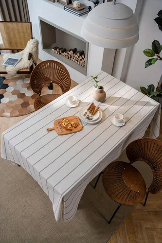 Miniatura 2 de ArtBud Manteles de Lino de Algodón Boho Estilo Granja Tela Pesada Cubierta de Mesa Arpillera a Rayas Lavable Superficie de Mesa para Fiestas Café