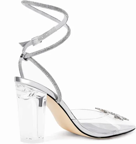 Miniatura 5 de Coutgo Sandalias de tacón alto grueso con diamantes de imitación para mujer, tacón alto y grueso, zapatos de tacón alto para boda y fiesta