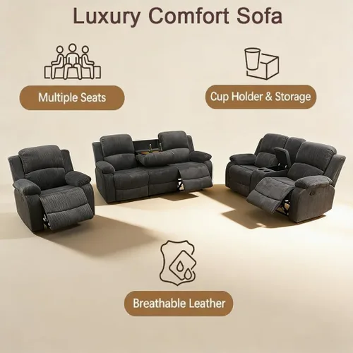 Miniatura 8 de Juego de sofá reclinable manual, juego de sofá reclinable de pana, juego moderno de muebles para sala de estar, sofá reclinable con silla para sala