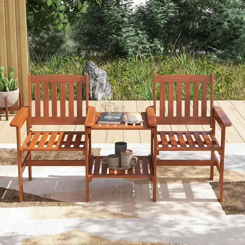 Miniatura 3 de RELAX4LIFE Sofá de dos plazas para exteriores con mesa integrada, sillas de patio de madera con mesa central y agujero para paraguas, banco