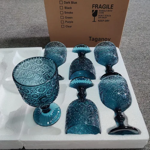 Miniatura 4 de Taganov Juego de 6 copas de vino de vidrio azul vintage, cristalería para beber con tallo, 12 onzas, 350 ml, para bodas, fiestas, barra