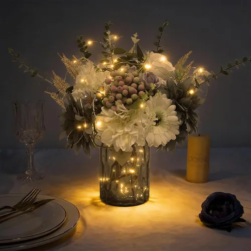 Miniatura 5 de Flores falsas en jarrón, arreglo de flores artificiales azul polvoriento en jarrón, centros de mesa florales falsos para cocina, granja, mesa