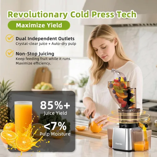 Miniatura 2 de Exprimidores comerciales de prensa en frío de 300 W, doble salida para jugo y pulpa, alto rendimiento, exprimidores de masticación, acero inoxidable