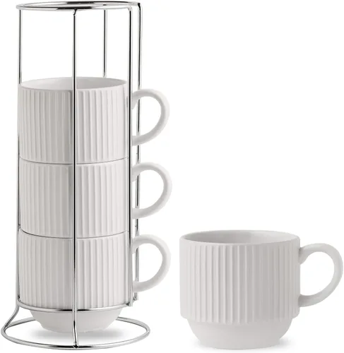 HASENSE Juego de 4 tazas de café de cerámica con estante - 15 oz Juego de tazas grandes apilables de porcelana con nervaduras para café con leche,