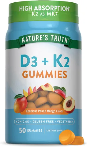Nature's Truth Gomitas de vitamina D3 + K2 | 50 unidades | Sabor melocotón y mango | Suplemento vegetariano, sin OMG y sin gluten