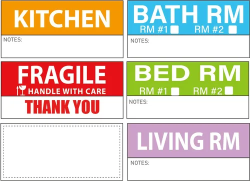 Yoget Etiquetas grandes de mudanza de hogar de 1.654 x 3.543 in para mudanzas de apartamentos, 4 calcomanías de embalaje codificadas por colores