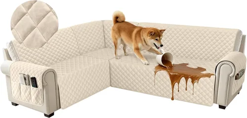 Miniatura 22 de Fundas impermeables para sofá seccional de esquina en forma de L, de terciopelo, juego de 6 piezas, funda en forma de U para sofá, para perros