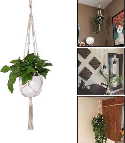Miniatura 4 de Colgador de macramé para colgar plantas, cuerda de algodón, 4 patas para decoración de interiores y exteriores, juego de 2 (34 pulgadas)