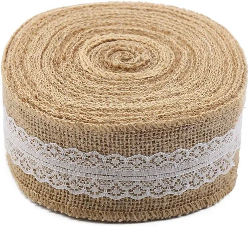 Miniatura 2 de CCINEE Rollo de cinta de arpillera de yute natural de 5.4 yardas con cinta de encaje blanco para manualidades, decoración de boda