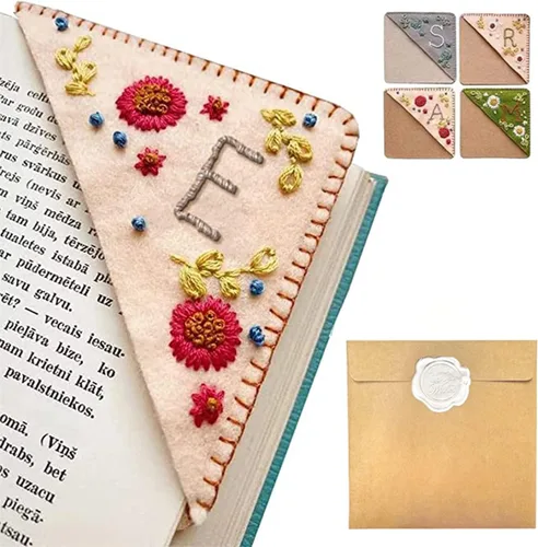 Miniatura 59 de Marcapáginas de esquina bordado a mano personalizado, 26 letras con costura a mano de fieltro, marcapáginas de esquina con bordado de flores lindo