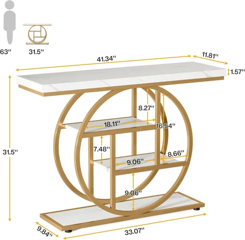 Miniatura 2 de Tribesigns Mesa de Consola de 41.3 pulgadas, Mesa Industrial de 4 Niveles para Sofá de Entrada con Base Circular, Mesas Decorativas de Madera Oro