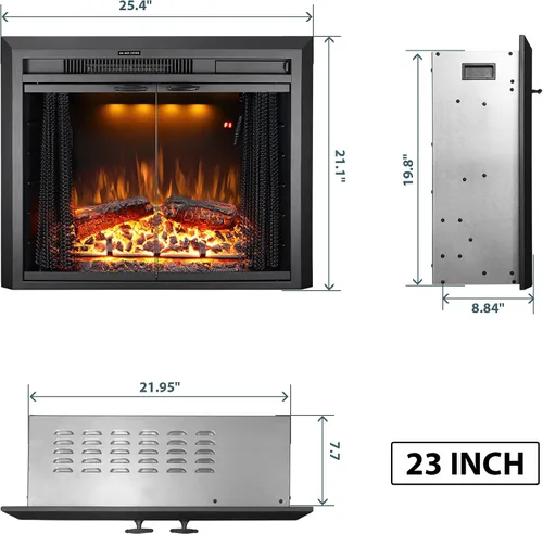 Miniatura 2 de Insertos de Chimenea Eléctrica de 25'' con Puerta de Vidrio, Calentador de Chimenea Eléctrico Empotrado con Sonido de Crepitación de Fuego, Luz