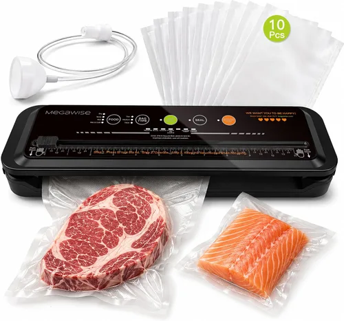 Miniatura 8 de MEGAWISE Máquina selladora al vacío de alimentos con cortador incorporado: succión de 80 kPa, operación de un solo toque, 4 modos de alimentos